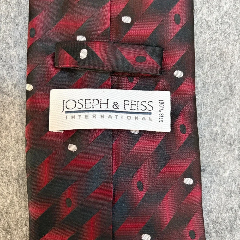 Joseph & Feiss International Silk Tie Burgundy Red Black Geometric Polka Dot EUC